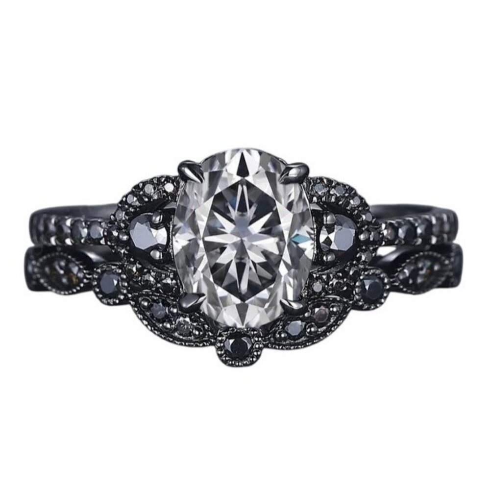 Oval Cut Gray Moissanite 2 pc Bridal Wedding engagement ring in Rhodium